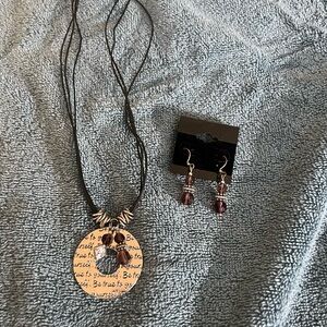Be True Script Pendant Necklace and Brown Bead Earrings Set
